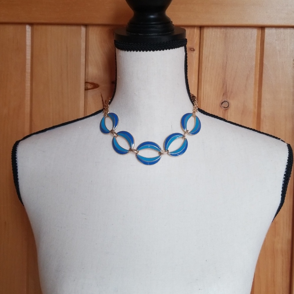 Vintage Mid Century Blue Enamel Goldtone Trim Statement Necklace - Picture 8 of 13